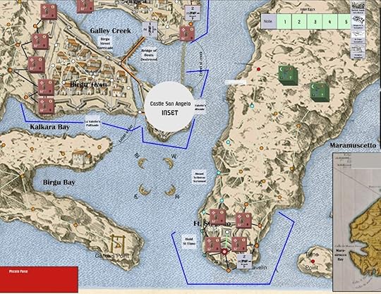 Map section around Fort St Elmo with two Ottoman stacks of counters on the northern end.