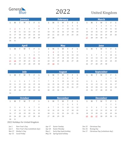2022 united kingdom calendar with holidays