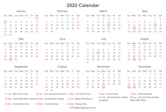 2022 calendar with uk bank holidays at bottom landscape layout