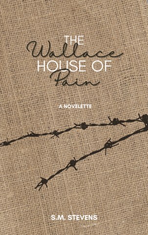 book cover burlap background black white text