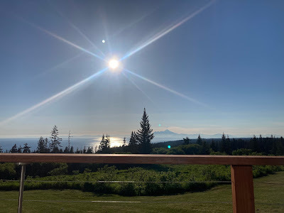 Wooden rail in foreground, as part of back patio view; Alaska landscape with waterline and pine trees, bright sun mid-sky.