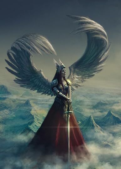 A female winged warrior standing on the top of mountain range amongst the clouds, with wings open and on display, dressed in a gold fitted tunic on the top and a long, to the floor, red skirt holding a waist-high gold sword in front of her, with the tip on the ground. It's called Valkyrie and created by Edli on DeviantArt