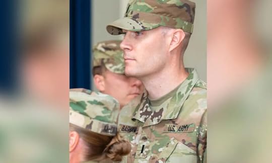 First Lt. Mark Bashaw at his command relinquishment ceremony at the Aberdeen Proving Ground in Maryland on July 9, 2021. (Graham Snodgrass/Army Public Health Center)