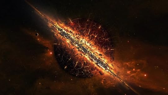 The big rip - image of space with some kind of linear anomaly splitting the center, glowing and fragmenting space.