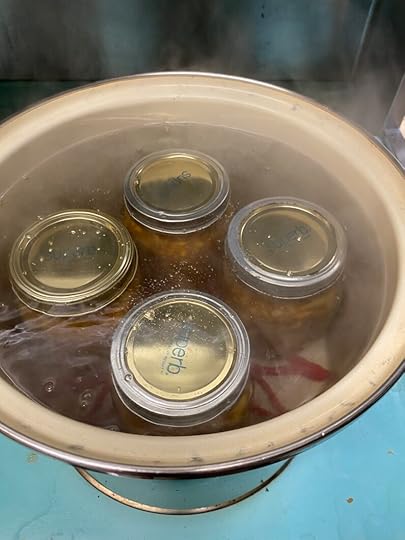 Four pint jars of sugar free peach jam in a beige enamel canning pot.