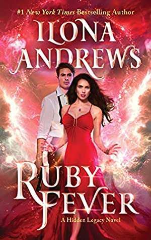 background is red flaming explosions and foreground is a white couple, both with dark hair. She's wearing a ruby red gown with spaghetti straps and a ruby pendant, her hair long and being blown by wind and holding her hands out at hip level to release magic, just behind her he stands, a handsome man with short dark hair wearing a tux (no jacket) with the bow tie undone