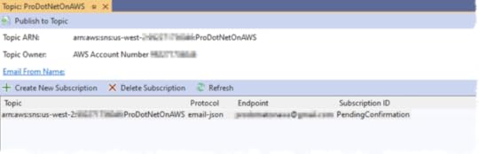 Figure 4. Newly created SNS topic subscription in Toolkit for Visual Studio