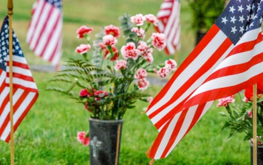 American flags in a cemetery with red carnations.