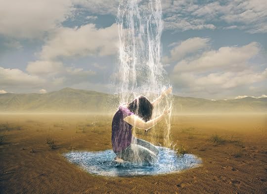 Photo of a desert scene with mountains in the background. A photo of a woman is added to the scene, kneeling gratefully in a very localized shower of rain or a waterfall falling over her head only and making a puddle on the ground around her. The power of a single word: petrichor, fills me with hope and memories of rain during this parched summer.