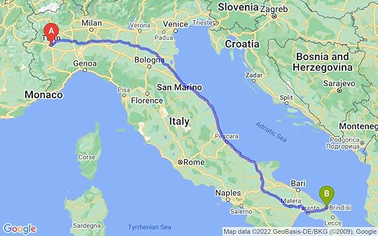 Travel route of Turin to Brindisi