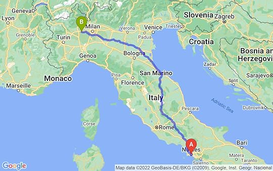 Travel route of Naples to Novara