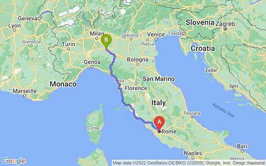 Travel route of Rome to Piacenza