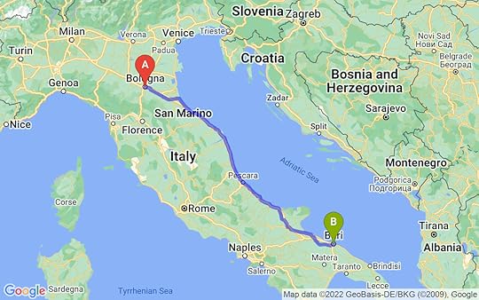 Travel route of Bologna to Bari