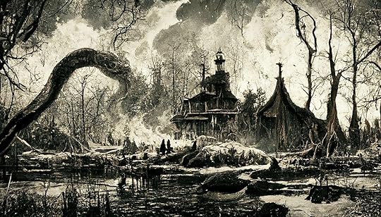 ai art giant snake and witch hut