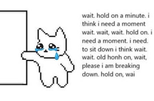 low quality drawing of a cat leaning against a wall with tears in its eyes and saying 