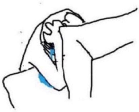 low quality drawing of a person crying into their hands behind a computer