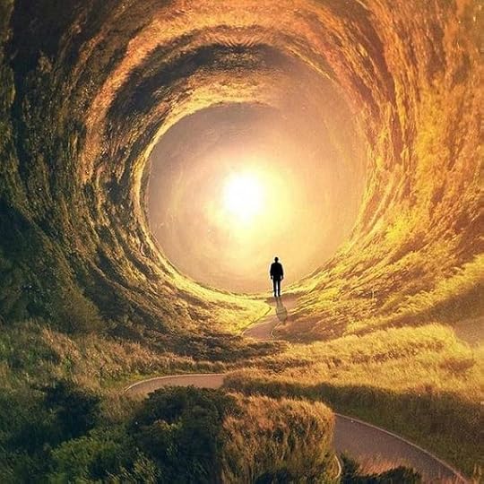 An image of a path winding through grasslands on either side and up round overhead too, in a kind of tunnel with a bright light at the end, which glows over the landscape. The silhouette of a person standing at the end of the path in front of the light. Image created by Adam Gaia