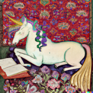 Unicorn reading a book. Image is in the style of a medieval tapestry.