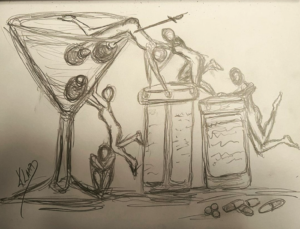drawing of stick people climbing out of a cocktail and into pills, art, Kristen Lamb, sketch, guilt