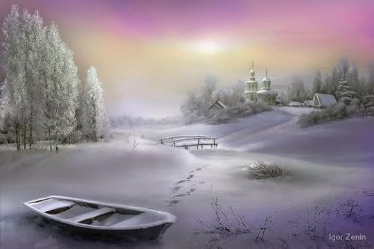 A picture of a snow covered boat and valley with a town in the distance, with tracks in the snow leading over a small bridge toward the town. The sky a pink/orange sunset colour. Created by Igor Zenin.