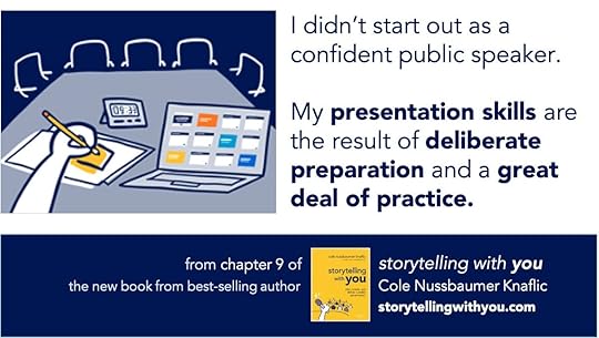 A quote from the author stating, I didn’t start out as a confident public speaker. My presentation skills are the result of deliberate preparation and a great deal of practice. This quote is accompanied by illustrations of a person diligently taking notes with a pencil, their laptop open to the slide master, and a timer.
