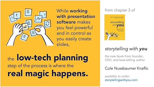 Illustration of human hands arranging sticky notes into a storyboard. Caption says: While working with presentation software makes you feel powerful and in control as you easily create slides, the low-tech planning step of the process is where the real magic happens.