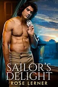 Shirtless hot guy in fall front breeches standing near an open window which shows a gathering night and the end of a red sunset