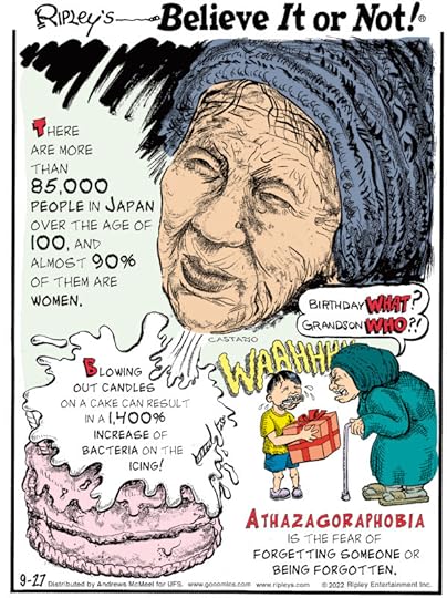 1. There are more than 85,000 people in Japan over the age of 100, and almost 90% of them are women. 2. Blowing out candles on a cake can result in a 1,400% increase of bacteria on the icing! 3. Athazagoraphobia is the fear of forgetting someone or being forgotten.