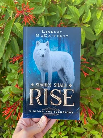 Visions and Illusions in front of a firebush with red flowers