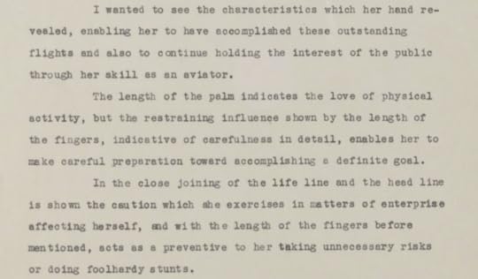 Three typewritten paragraphs from Meier's analysis of Earhart's handprints.