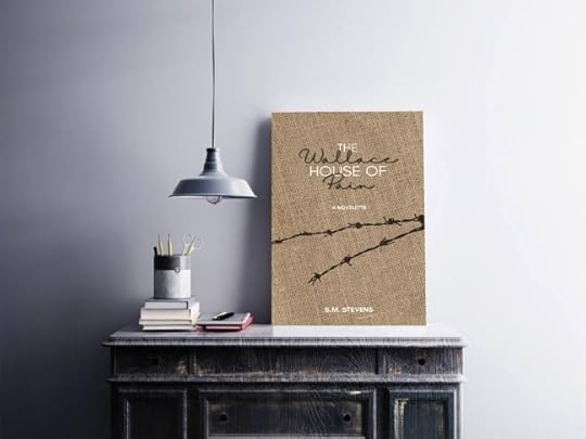 book cover wallace house of pain on old desk table with hanging light gray