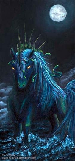 A painting of a dark kelpie, from Scottish folklore, which looks like a horse, but in this image is painted in dark blue and torquite with yellow demonic eyes and serpents in its mane. A full moon can be seen behind it. Art by Jade Cheong