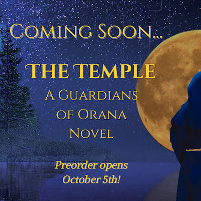 Yellow text on a starry blue background reads Coming Soon, The Temple. A Guardians of Orana Novel. Preorder Opens October 5th!