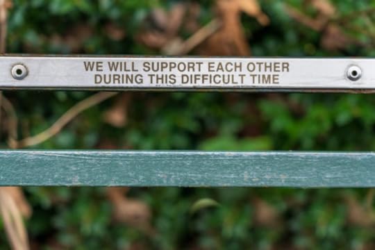 Image: one of the slats at the back of a park bench bears a plaque reading 