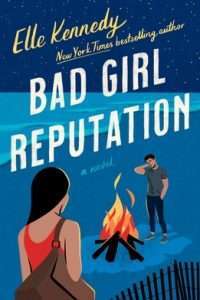 illustrated cover in blue, a night beach scene: rear view of upper back and dark hair of a young white woman with a large brown shoulder bag on her shoulder facing a campfire/bonfire with a white guy witih dark hair on the other side of the fire watching her, he has one hand up behind his neck and the other in his pocket.