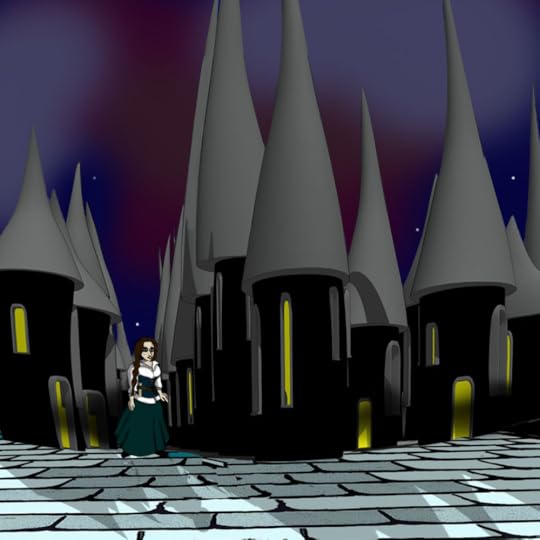 A woman in a long dress walks the city alone, late at night. Windows glow yellow against an eerie sunset. Pointed rooves sweep into the sky