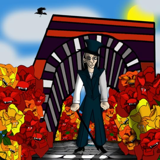 The sun shines down on Pierus, King of the Muses, standing before a tall, black, red and white striped archway. He wears a black three piece suit with white sleeves, and a black top hat. Red and yellow killer roses crowd around on every side, baring their teeth. A lone crow sailed through a cloudy blue sky.