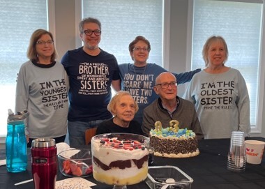 Dad and Mom at Dad’s last birthday party with children Andie, Marci, Hayim & Amy (from right to left)