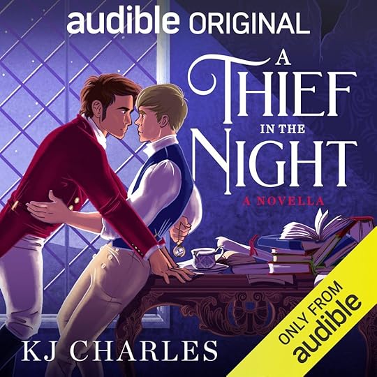 Cover, in cartoon style. Old house with peeling wallpaper, a leaded window outside which we see a night sky with stars, a table covered in old books and a chipped cup. Toby has his back to the table. Miles (dark hair, smart Regency clothes, taller) is leaning over Toby looking menacing. Toby (sandy hair, no coat or cravat) does not look menaced. He's got one hand on Miles's hip in a trusting way. The other, behind his back, is concealing a gentleman's expensive fob watch.
