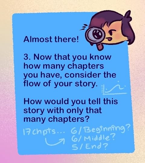 "Almost there!" the next speech bubble says. "3. Now that you know how many chapters you have, consider the flow of your story. How would you tell this story with only that many chapters?"