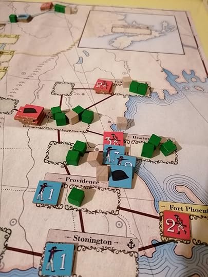 Zoom in on the counters and locations around Boston showing the Revolutionary army attacking Boston with their respective supply cubes