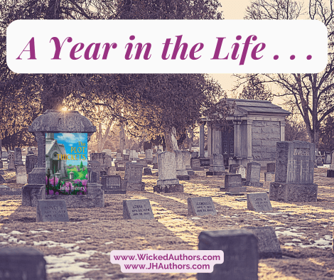 A cemetery with THE PLOT THICKETS on one of the gravestones. The title says A YEAR IN THE LIFE.