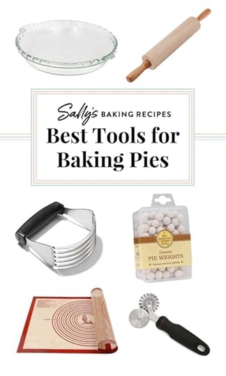 graphic displaying pie baking tools including a glass pie dish, wooden rolling pin, pastry cutter, pie weights, pastry wheel, and mat.