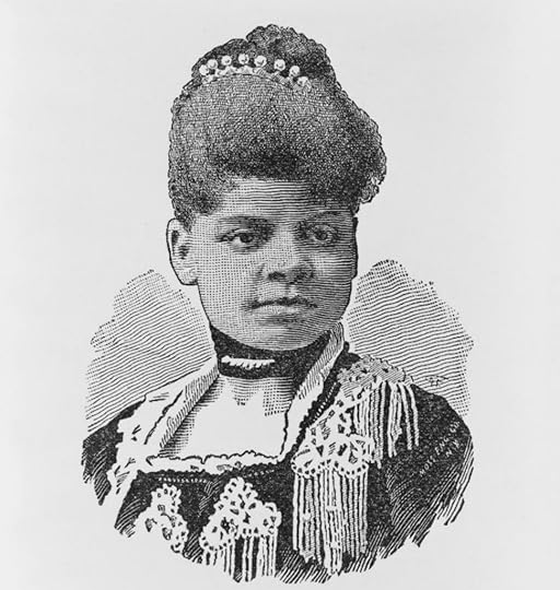 Head and shoulders portrait of Ida B. Wells, based on a photograph. She's facing right, hair swept up in a bun, a stern expression on her face