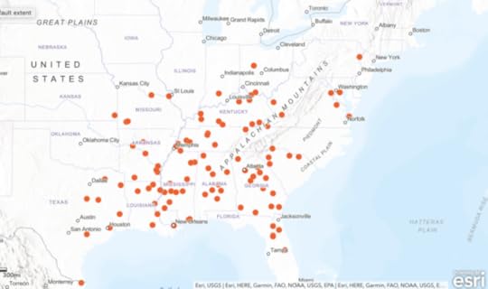 A map of the eastern half of the United States, with orange dots showing the locations of lynchings
