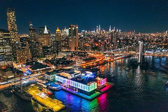 An ariel view of the South Street Seaport at night