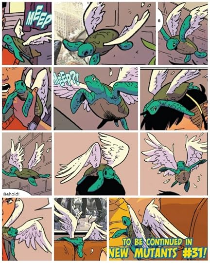 a collage of 12 images of Hibbert from Marvel comics. Hibbert is a small turquoise turtle with a dark green shell and white feathered bird wings. in two images, they are saying "Meep". the final image says "To be continued in New Mutants #31"