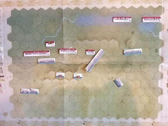 Zoom in on just the hex map showing the first clash of the two sides' counters