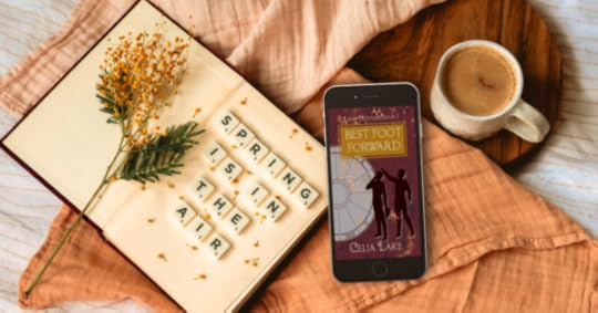 Cover of Best Foot Forward displayed on a phone, resting on folded golden linen with a mug of coffee. Yellow flowers lie on a book with Scrabble tiles spelling out