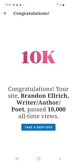 Image shows the message: Congratulations! 10K Congratulations! Your site, Brandon Ellrich, Writer/Author/Poet, passed 10,000 all-time views.